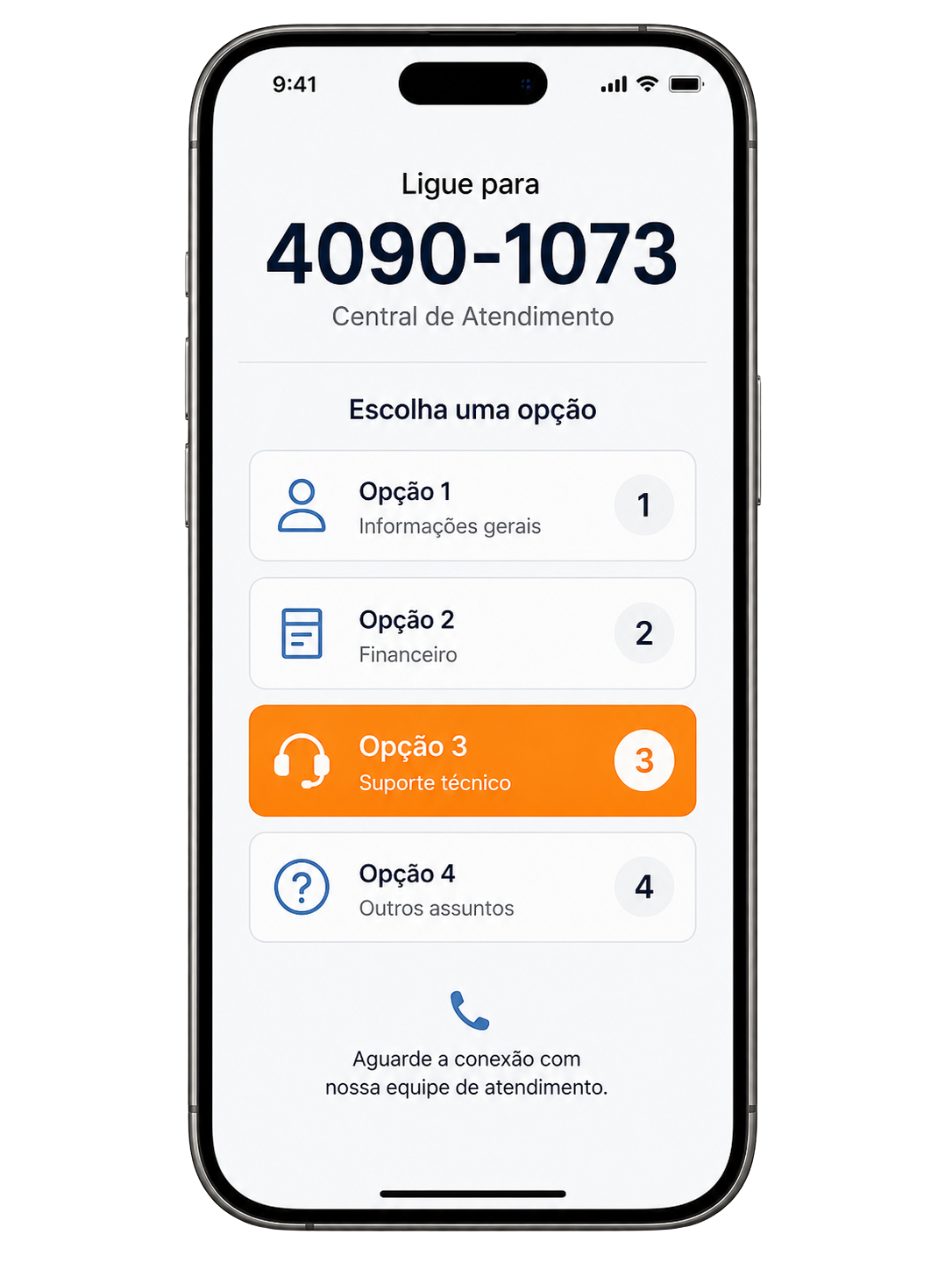 Celular com o telefone 4090-1073 e a opção 3 em destaque