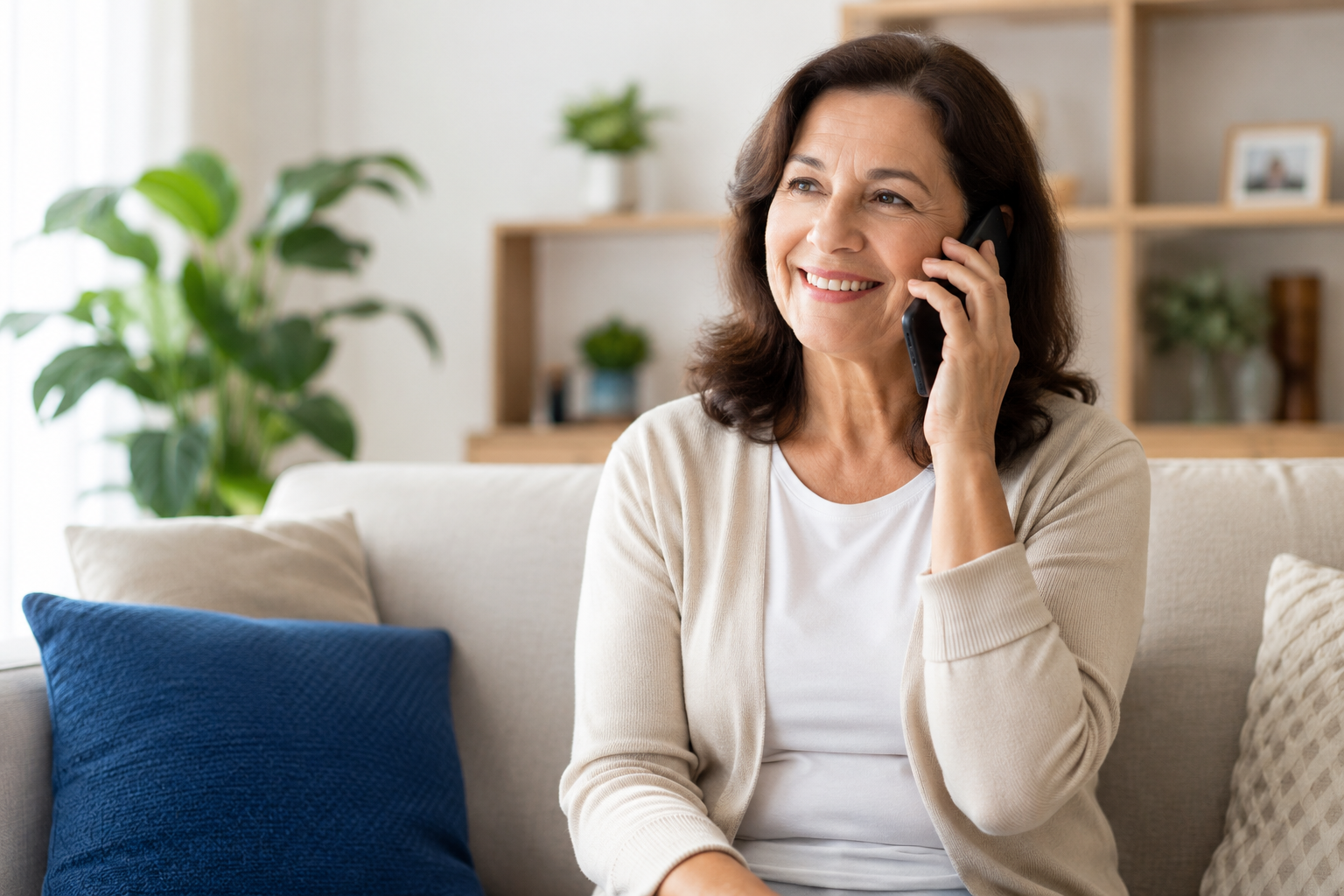 Pessoa sendo atendida por telefone ou família em casa
